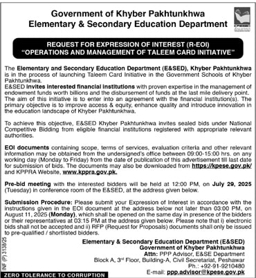 Elementary & Secondary Education Department Peshawar Tender Notice